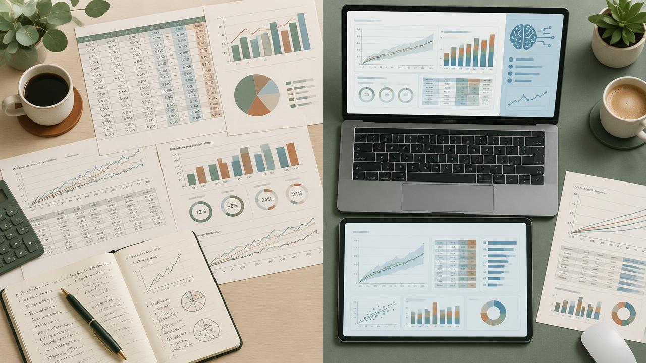 Financial analysis reports alongside AI-assisted analytics